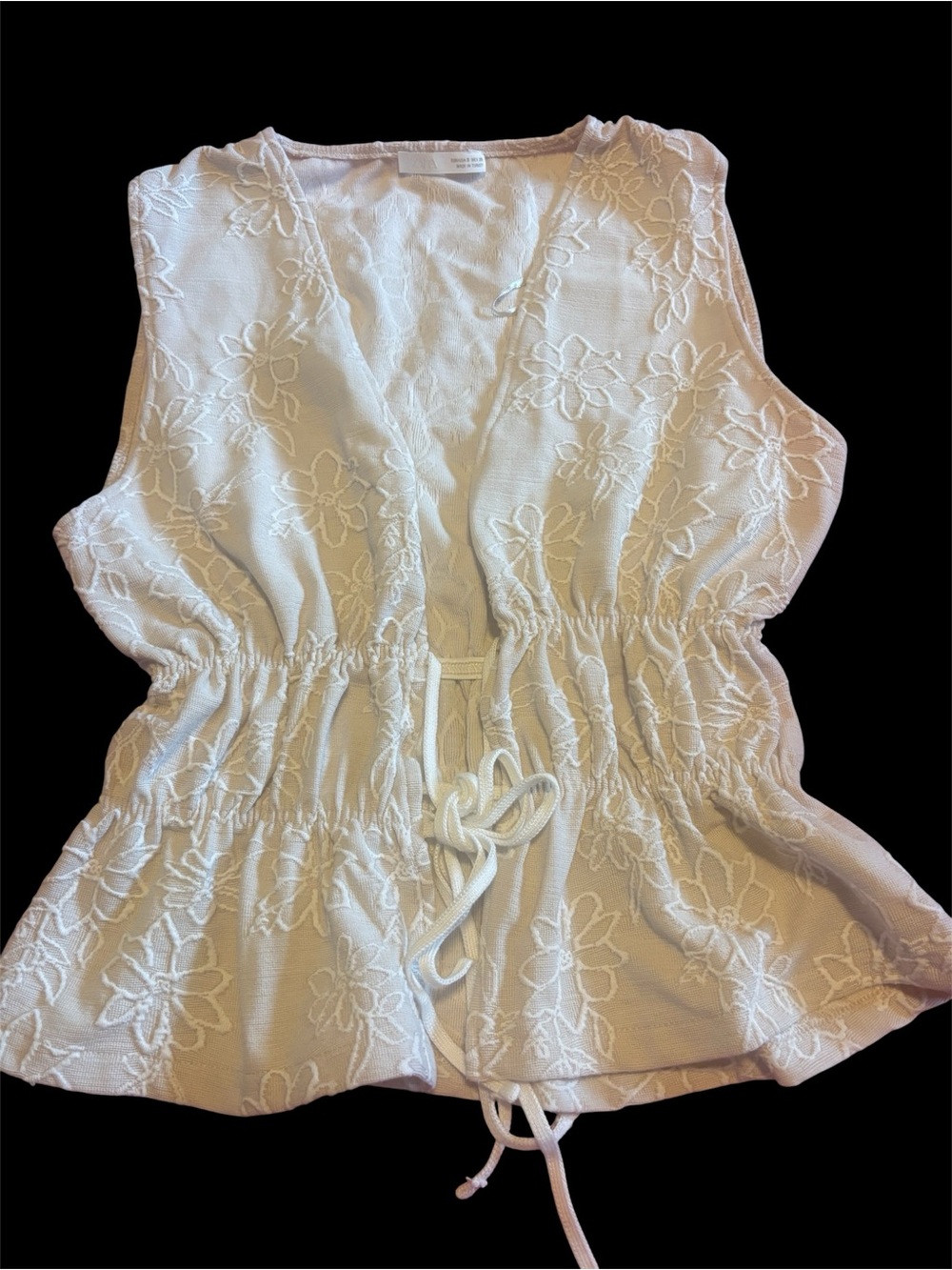 Zara Cream Floral Embroidered Drawstring Tunic Top women's size S L430